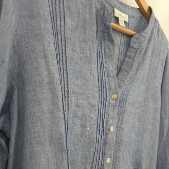 J.Jill 100% Linen Pintuck Tunic Top Button Front Roll-Tab Sleeve Blue Love Linen - Picture 5 of 15